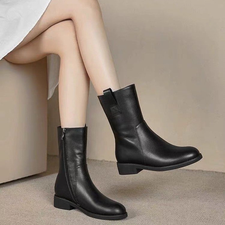断码清仓马丁靴女2025秋冬新款中筒靴简约百搭粗跟加绒真软皮短靴