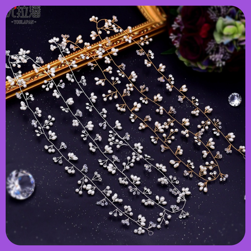 创意珍珠手工花朵新娘发饰加长水晶合金头饰欧美风格