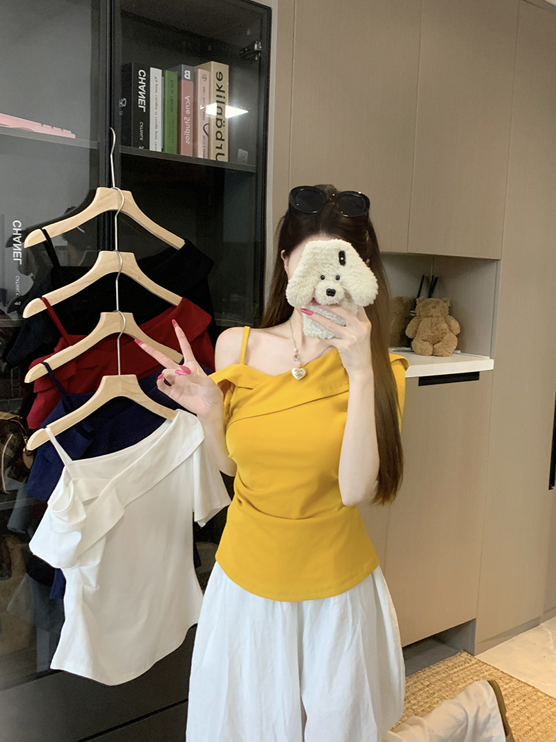 2025夏装新款胖mm大码女时尚纯欲风斜领吊带别致短袖T恤A1813