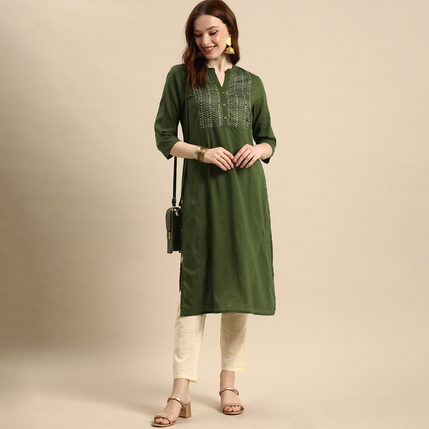 All印度进口服饰新品女民族风纯棉印花春夏款显瘦七分袖立领上衣