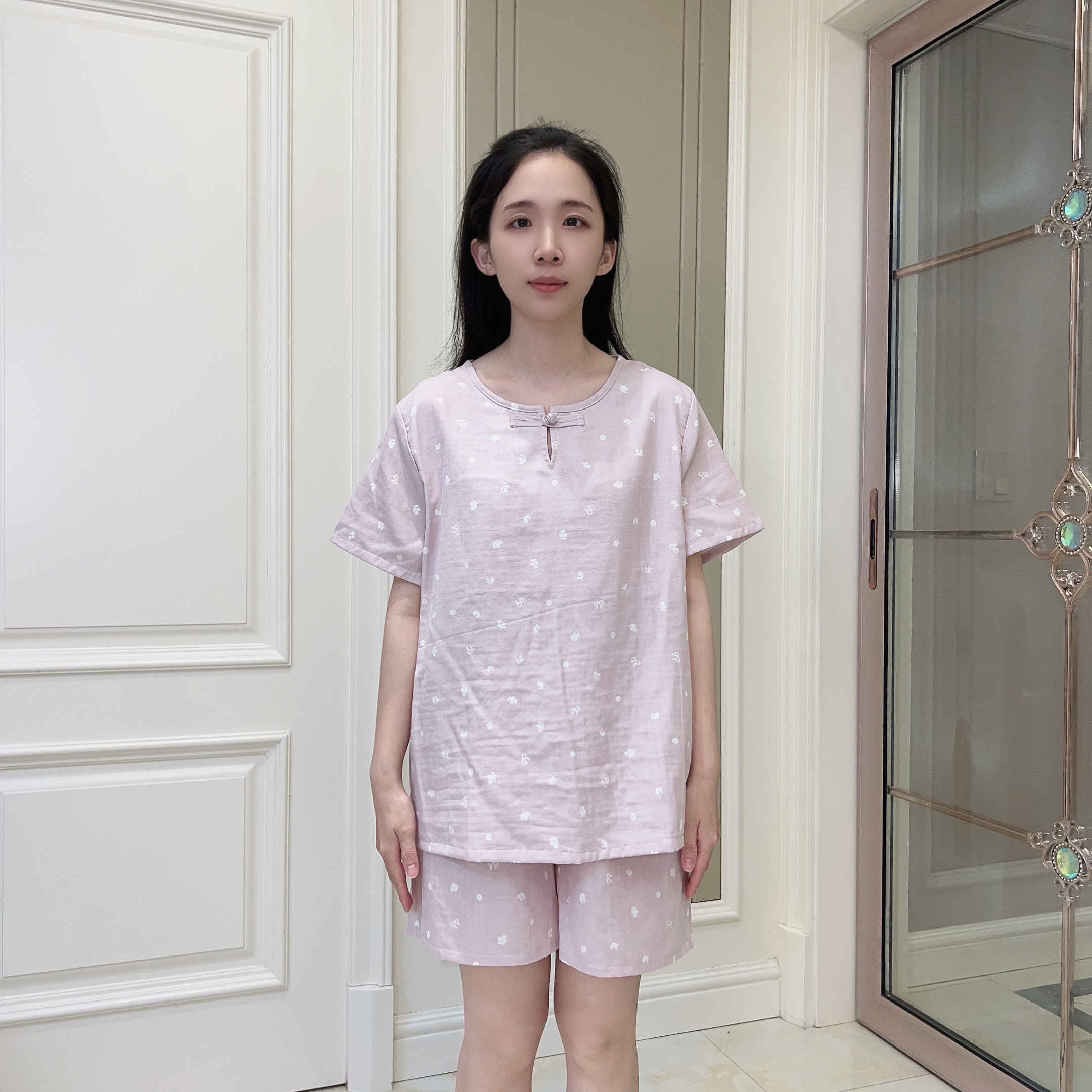 夏季棉纱女款套装圆领印花新中式简约宽松休闲短袖短裤居家服2509
