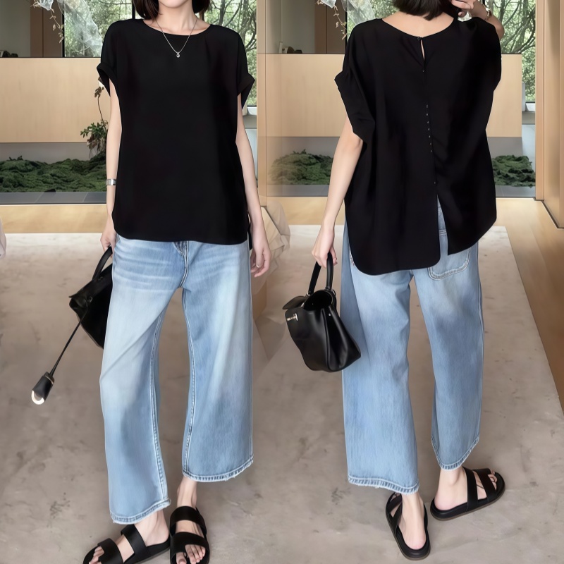 罗芬面料故事旗舰店女装质透气凉感松紧袖衬衫搭配薄款休闲牛仔裤