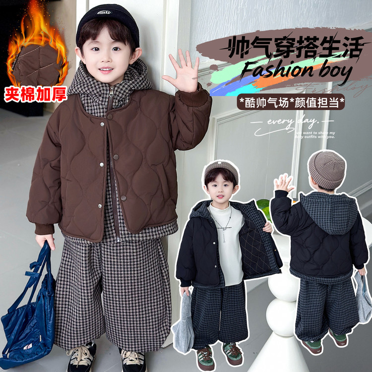 男童冬季套装2025新款儿童二棉假两件设计棉服男童加绒裤子两件套