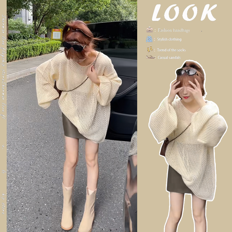 早秋穿搭一整套女2025新款宽松慵懒镂空上衣高腰百搭短裙两件套潮