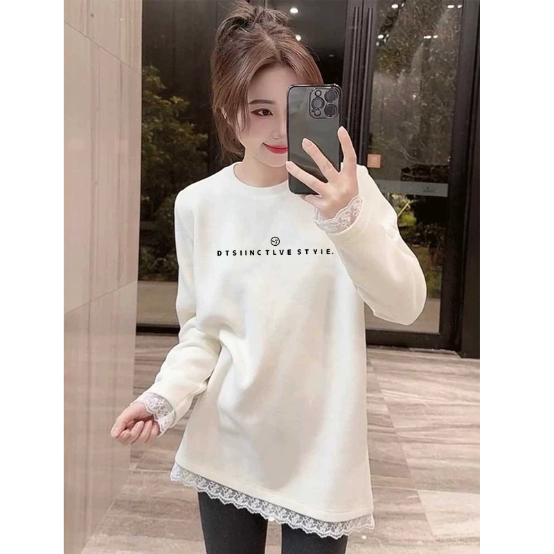 2025年韩系蕾丝拼接长袖T恤女白色中长款宽松百搭打底衫洋气上衣