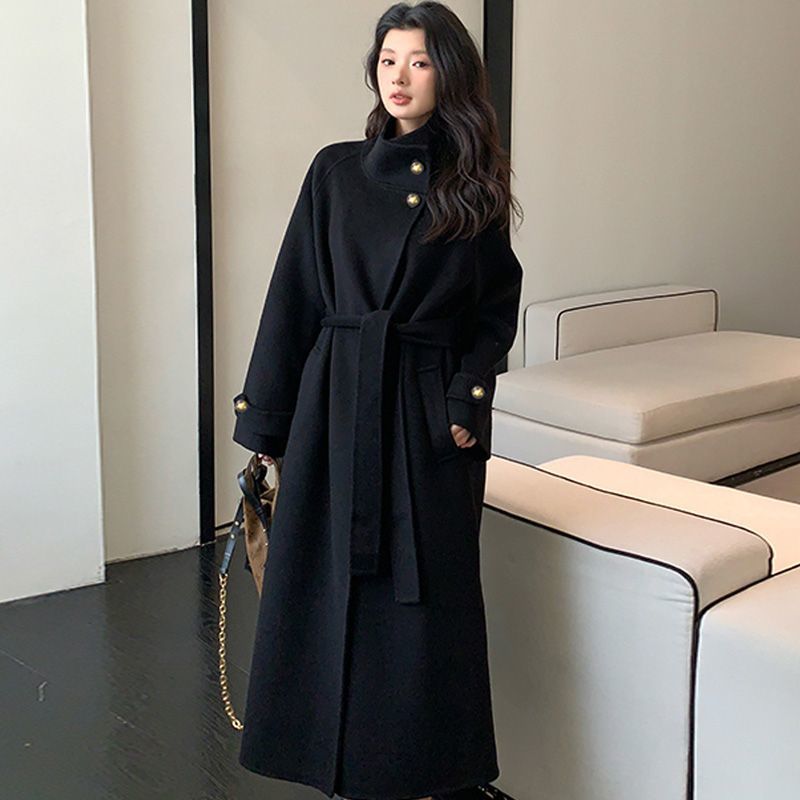 黑色立领双面毛呢大衣女2025秋冬季新款宽松中长款系带毛呢外套