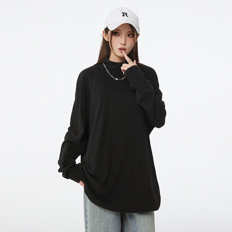 双面德绒半高领打底衫男款秋冬加绒修身正肩长袖t恤美式无帽卫衣