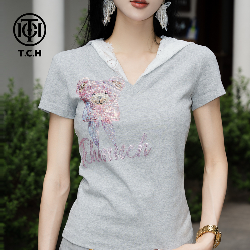 TCH私服烫钻工艺新时尚淑女百搭新潮流T恤女T75B10E5001轻奢tch