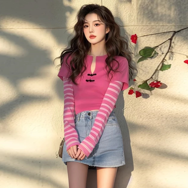 韩版撞色拼接条纹长袖T恤女2026秋季新款时尚高级感假两件上衣潮