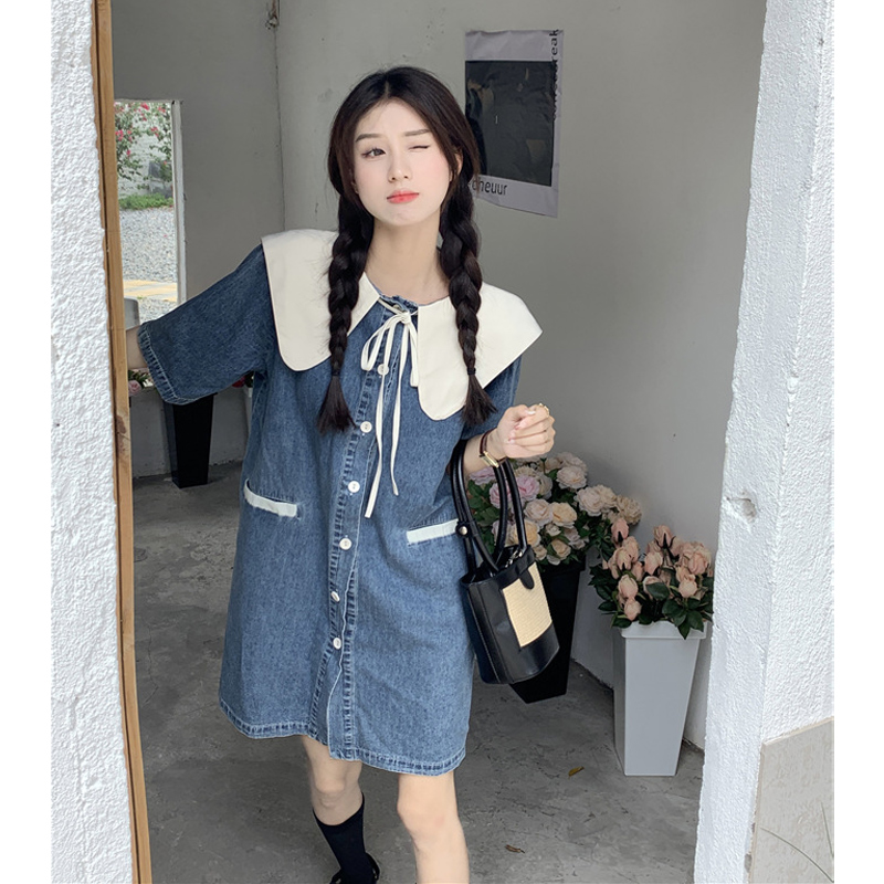 300斤特夏新款撞色薄牛仔连衣裙老钱风松弛感流行时尚潮牌女装