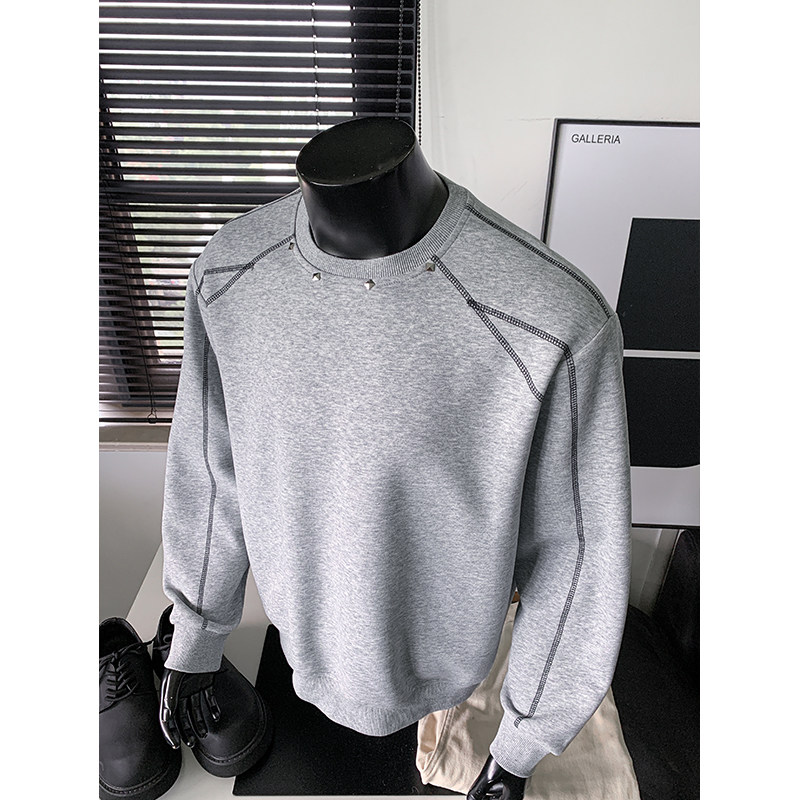 华棉卫衣秋冬上衣男宽松大码重磅拼接解构铆钉圆领大码长袖卫衣男