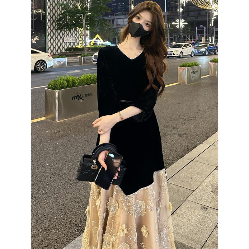 法式大摆裙长裙包袖长袖秋冬连衣裙长款气质黑色裙子秋季赫本风