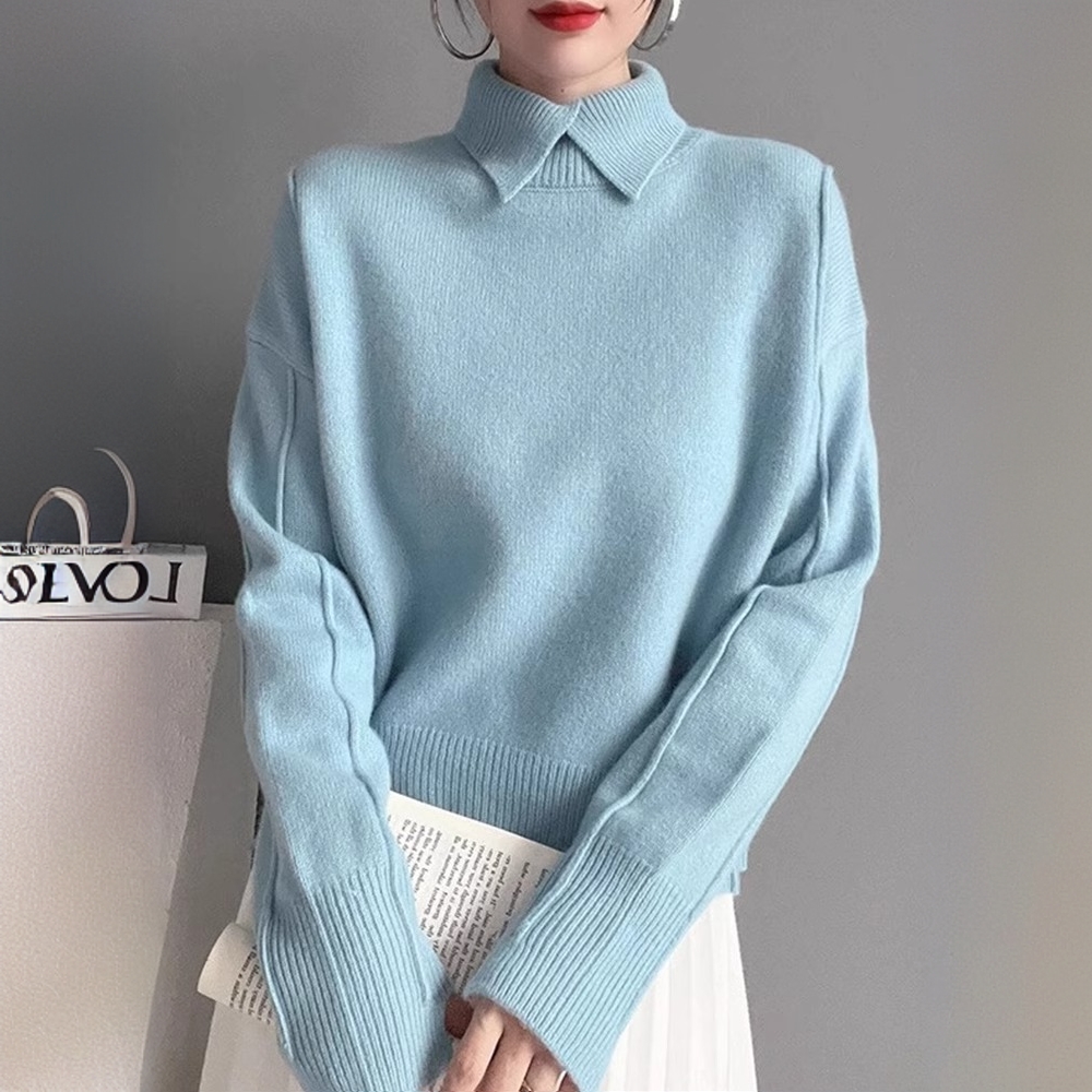 欧洲站舒适软糯针织衫秋季休闲百搭纯色简约套头打底衫长袖毛衣女