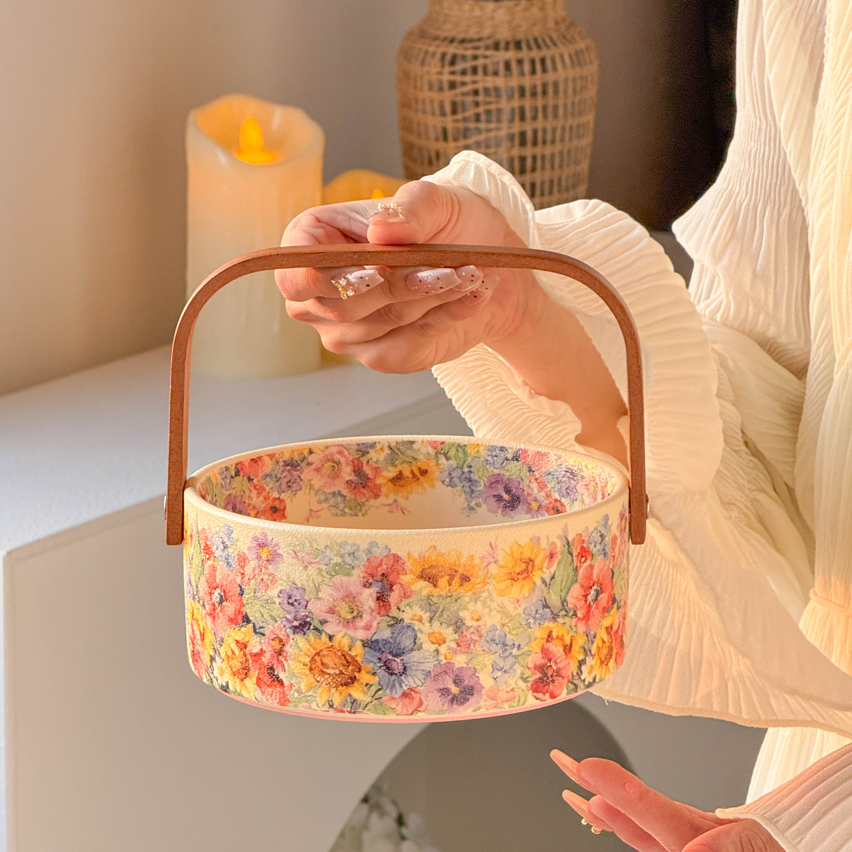 《华典》朝露青葵白色—6英寸水果提篮野餐手提创意风格沙拉碗