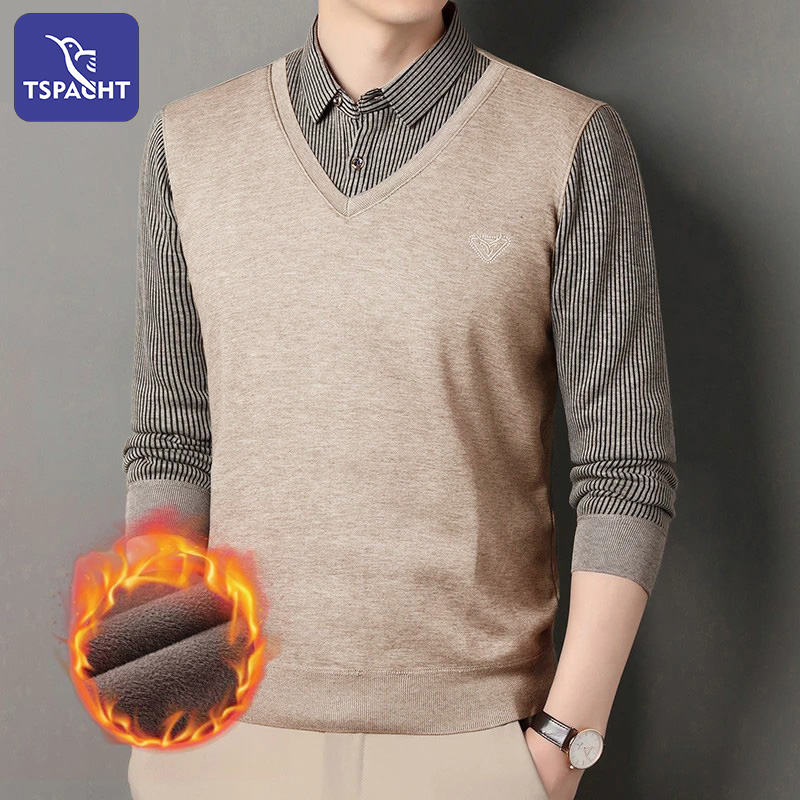 TSPACHT香港啄木鸟 竖条纹秋冬加绒保暖假两件衬衫时尚打底衫达