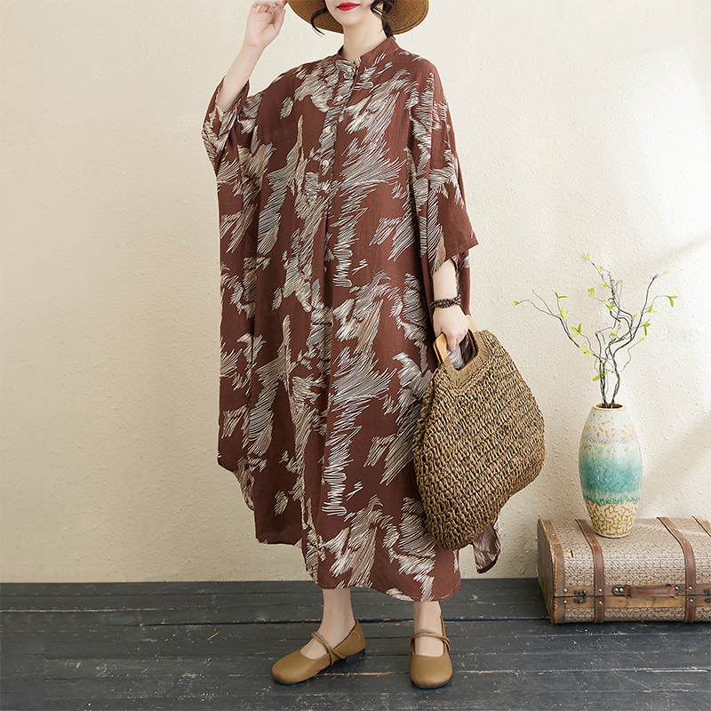 外贸法国单女装2025秋季显瘦气质遮肚长裙印花立领大码宽松连衣裙