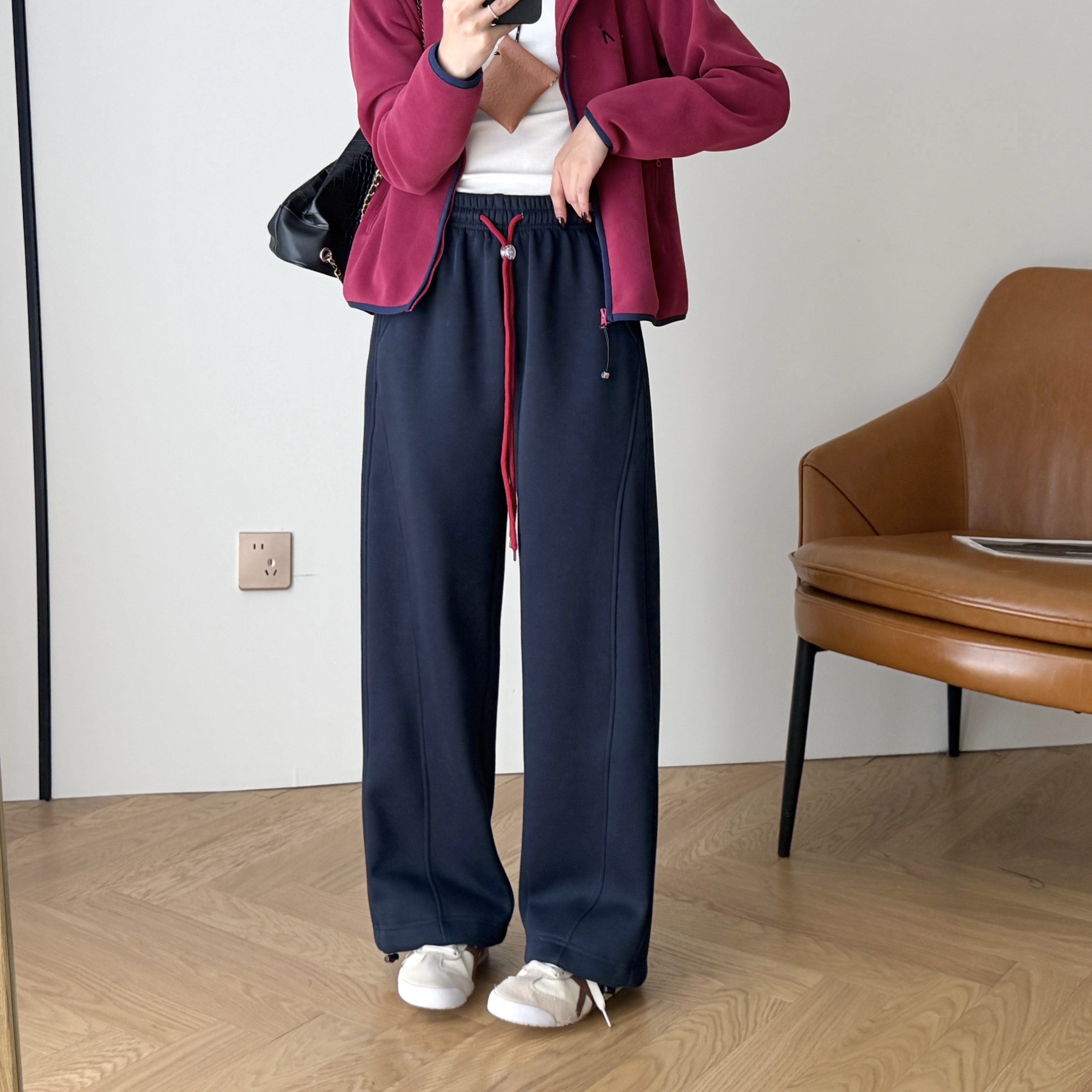 【600g加绒】显瘦百搭撞色两穿卫裤女宽松休闲直筒裤（可束脚）#25033