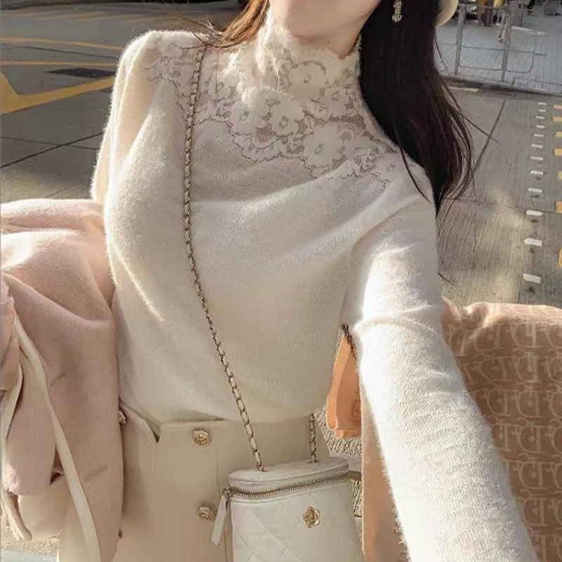 米白色纯欲蕾丝拼接针织上衣女春秋新款网红高级感高领修身打底衫