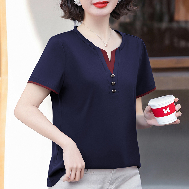 v领假两件拼接短袖t恤女2025新款爆款中年妈妈洋气减龄显瘦上衣