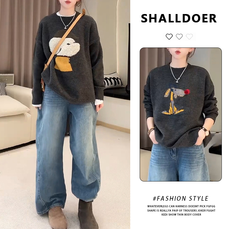 卡通针织上衣阔腿裤套装2026冬季保暖宽松休闲版型温柔松弛感
