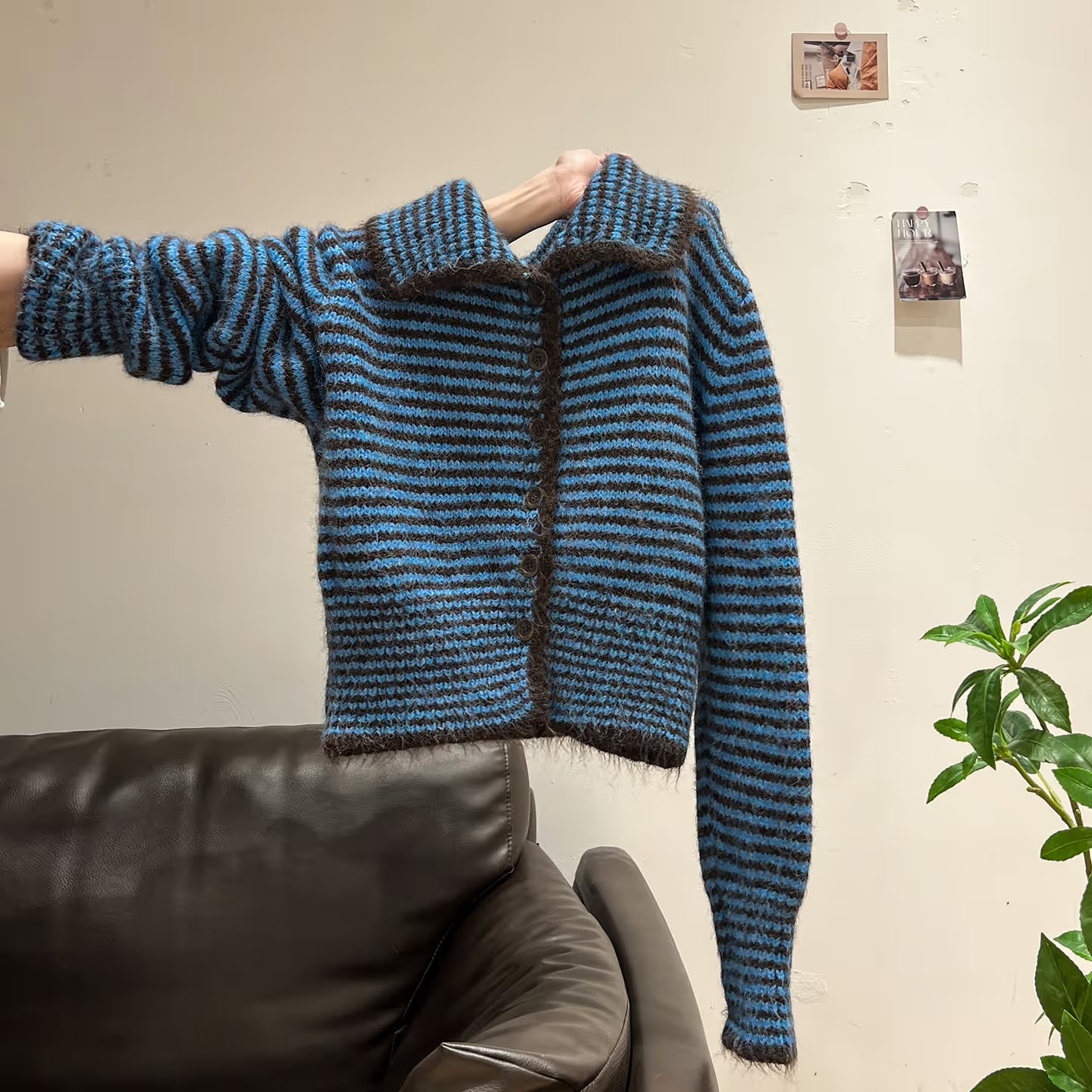 小婉薇新款秋季穿搭POLO领条纹单排扣针织毛衣长袖开衫外套上衣女