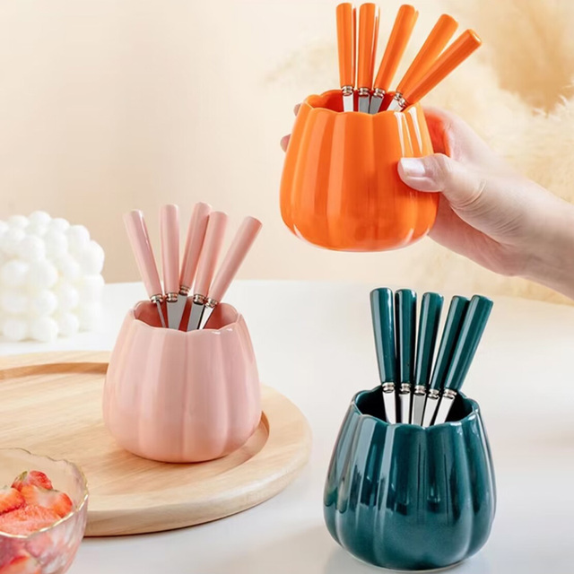 水果叉餐具陶瓷小叉子家用收纳罐水果签月饼奶昔冰淇淋勺饭厅叉罐