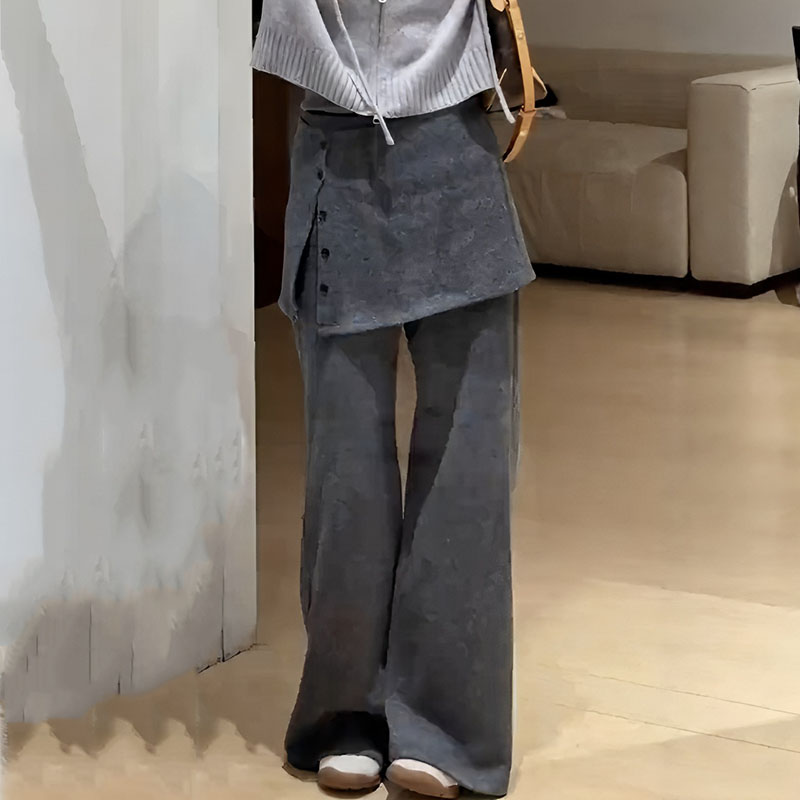 大码设计感屁帘拼接假两件微喇裤女秋季新款胖mm遮肉显瘦灰色裤子