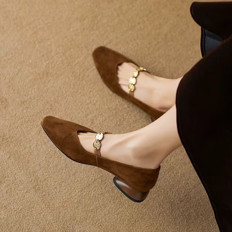 软面方头金币链玛丽珍鞋女2025新款复古法式舒适百搭低跟粗跟单鞋