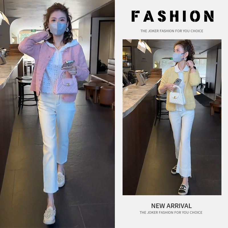 早春一整套女装2025新款韩版开衫钩花镂空上衣百搭显瘦长裤两件套