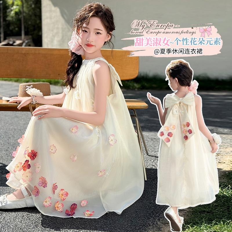 女童连衣裙夏季2025新款洋气中大童海边度假休闲透气蝴蝶结沙滩裙