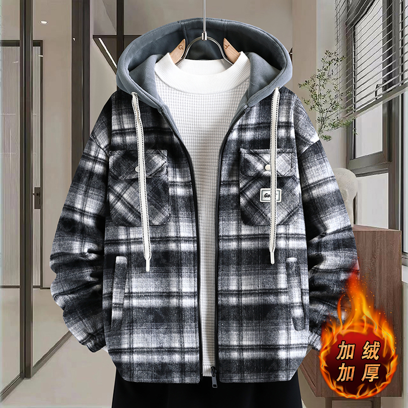 青少年学生冬季新款加绒加厚夹克外套宽松港风两面穿帅气格子外套