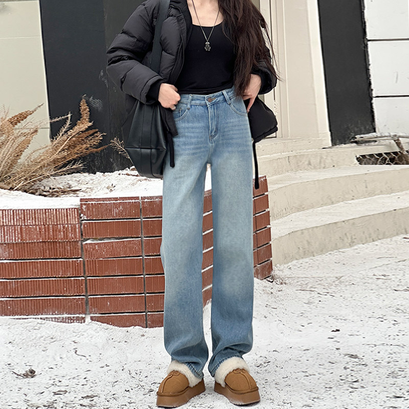 高腰窄版加绒直筒牛仔裤女2025年冬季新款显瘦显高阔腿宽松拖地裤