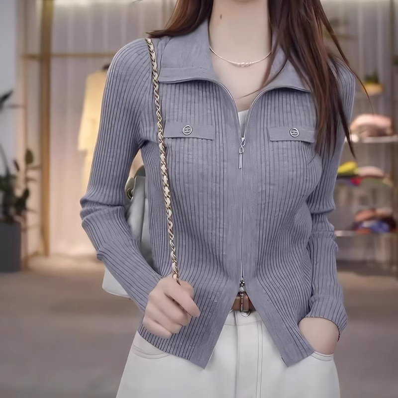 韩版显瘦双拉链竖坑条针织开衫女秋冬新款长袖外穿毛衣打底上衣潮