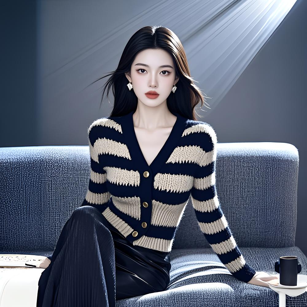 春季新款软糯小香风修身显瘦毛衣高级感超好看撞色条纹针织开衫女