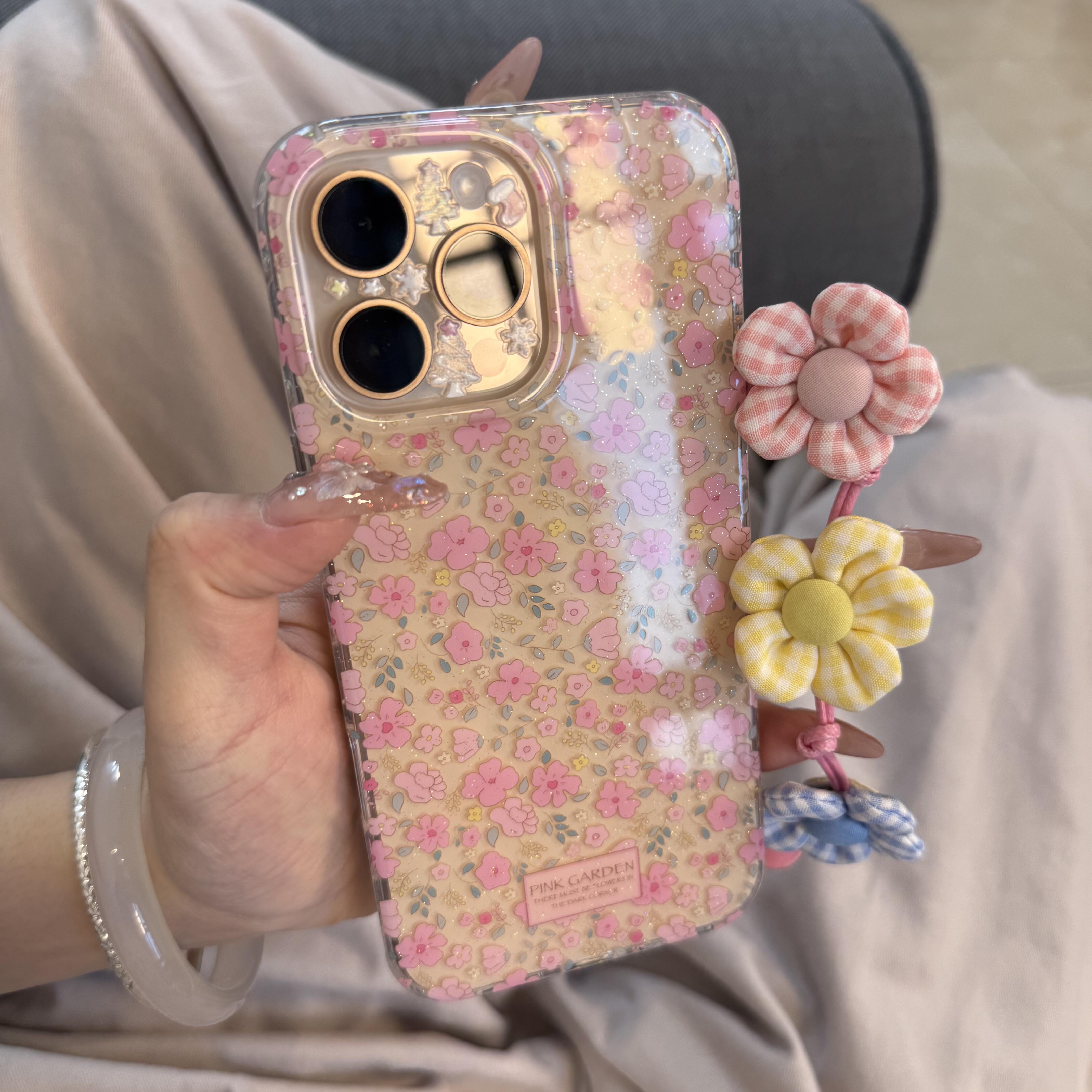 粉嫩碎花适用苹果13promax手机壳iPhone16pro新款12软11全包防摔