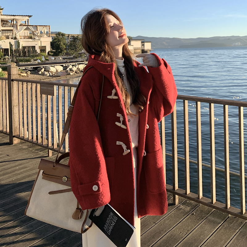 大货已出红学院风夹棉牛角扣连帽大衣B260P185K258