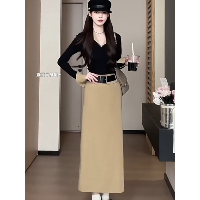 秋季新款撞色假两件针织衫上衣女高腰显瘦半身裙套装