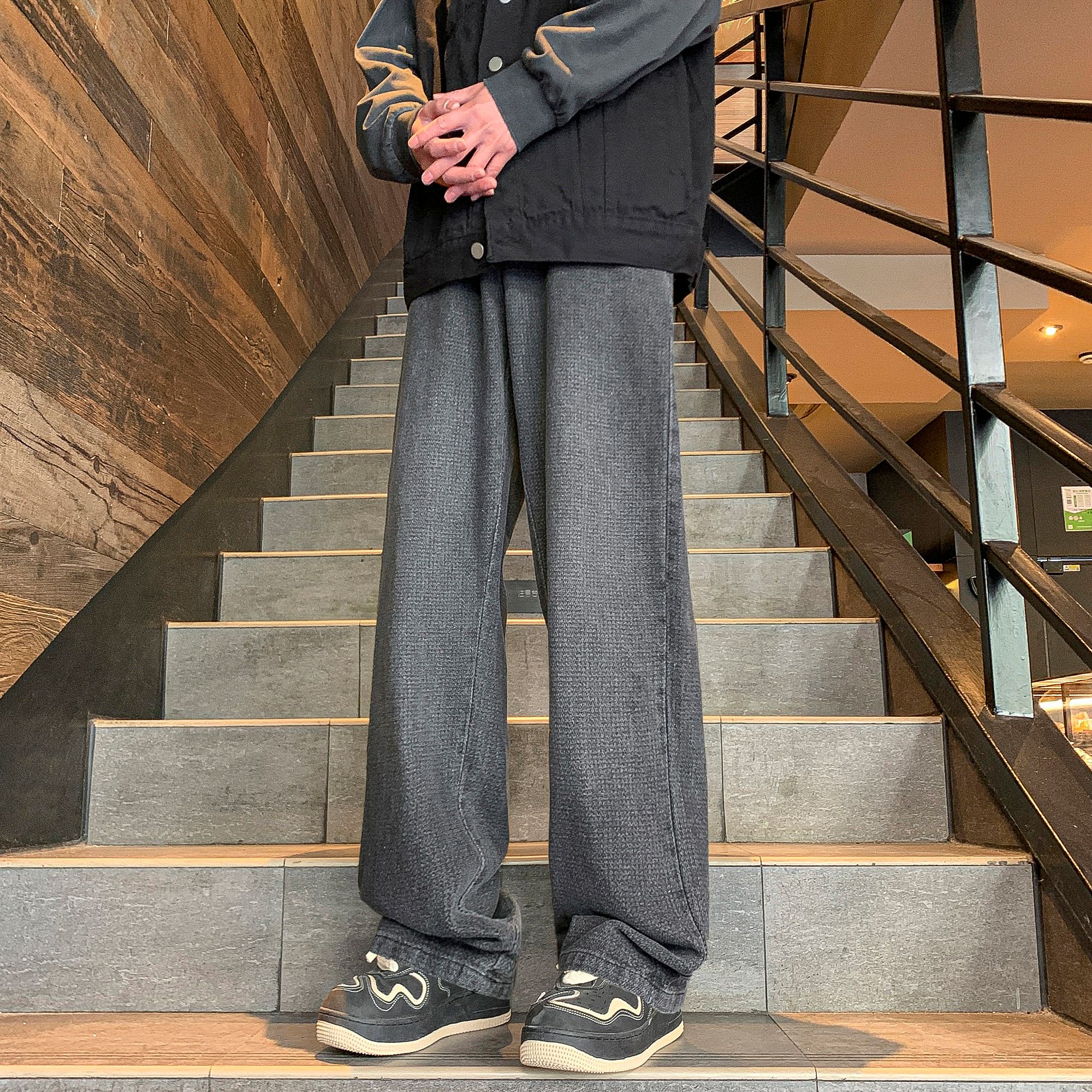 NK805美式复古人字纹半松紧潮流百搭直筒高街软牛仔长裤男生春秋