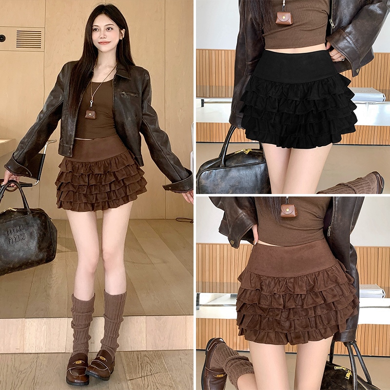 2025秋冬鹿皮绒蓬蓬蛋糕半身裙高腰显瘦A字短裙小个子防走光女装