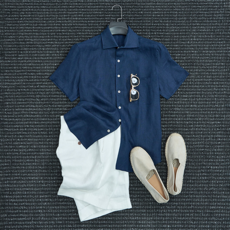 【100%亚麻】夏季高定意式优雅老钱风男士短袖衬衣休闲商务通勤衬衫