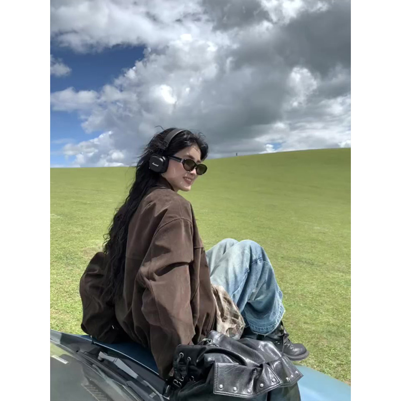 春秋美式复古工装夹克外套男女情侣休闲宽松棒球服外套+裤子套装