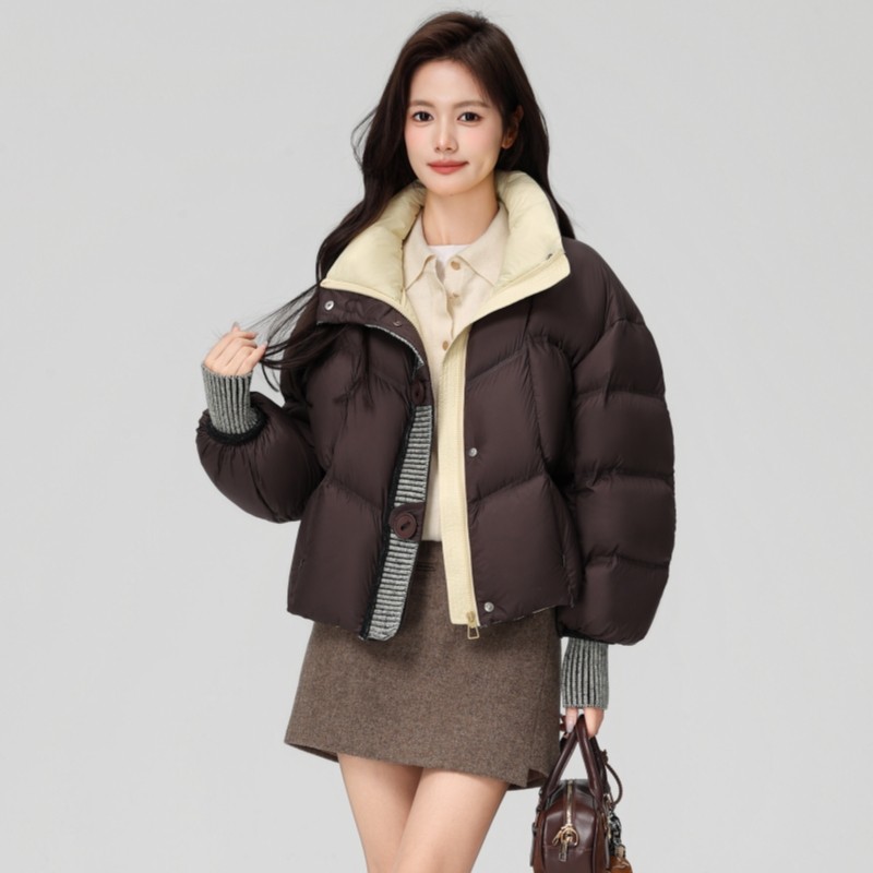 鸭鸭云氧泡芙短款羽绒服女2025新款针织拼接立领撞色面包服外套冬