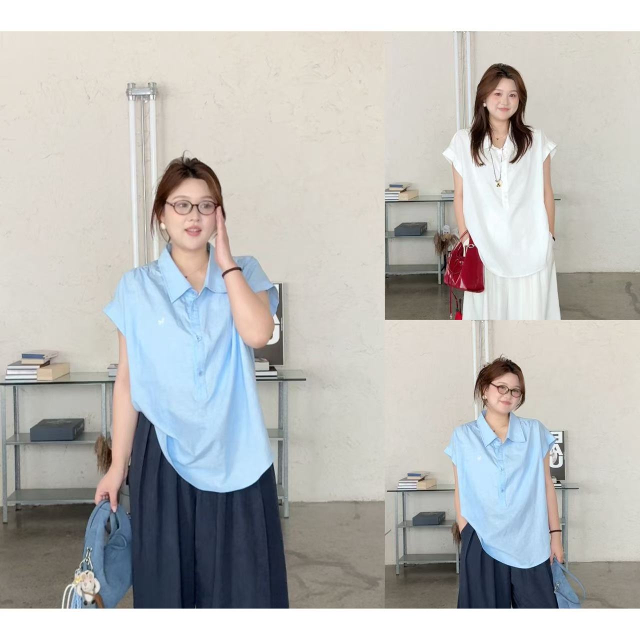 晶咕佳佳【绵绵冰】夏季凉爽翻领飞飞袖显瘦纯色休闲刺绣图案设计