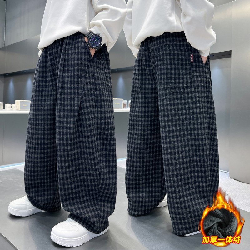 高端帅气儿童格子裤2025新款童装男童秋冬加绒直筒裤男童休闲长裤