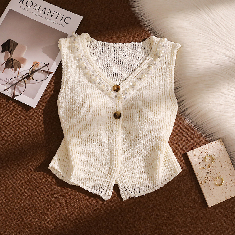 韩系钉珠针织衫马甲背心女外搭叠穿时髦洋气2025新款短款坎肩上衣