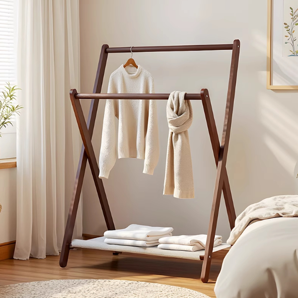 实木落地式挂衣架榉木可折叠家用卧室小型简易不占地带布兜衣帽架
