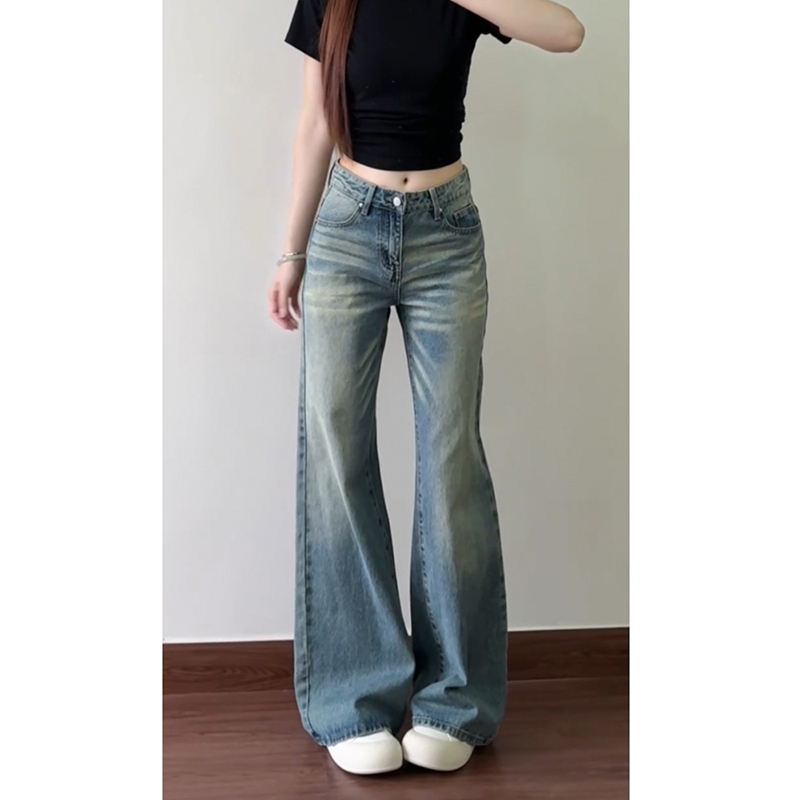 美式复古蓝低腰牛仔裤女秋季新款小个子显瘦不贴腿直筒拖地微喇裤
