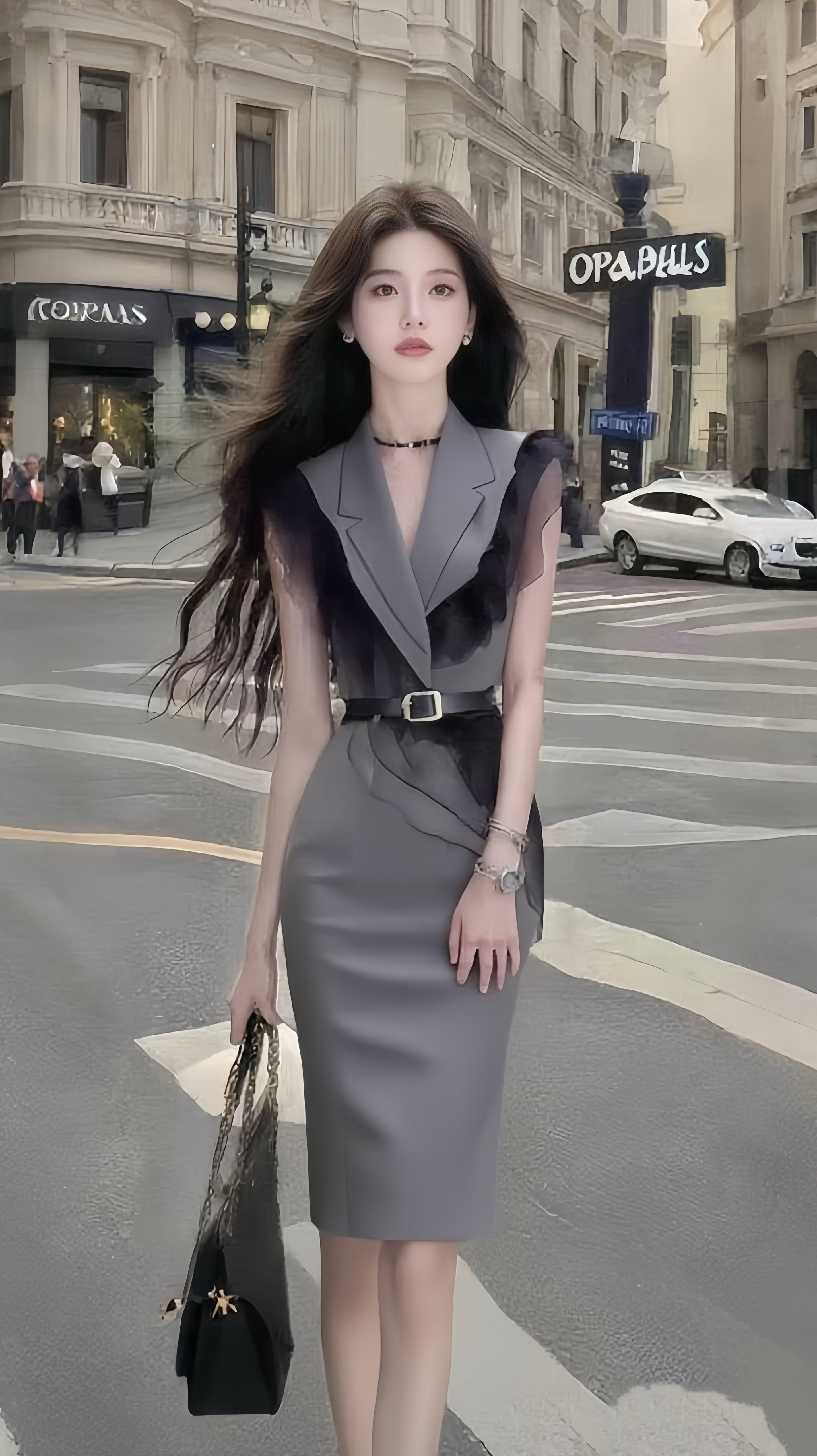 夏季新款别致设计感灰色V领收腰系带连衣裙气质显瘦氛围感中长裙