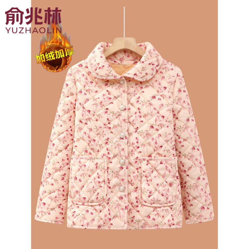 俞兆林妈妈秋冬装加绒加厚小棉袄碎花棉服女中老年女装翻领保暖棉
