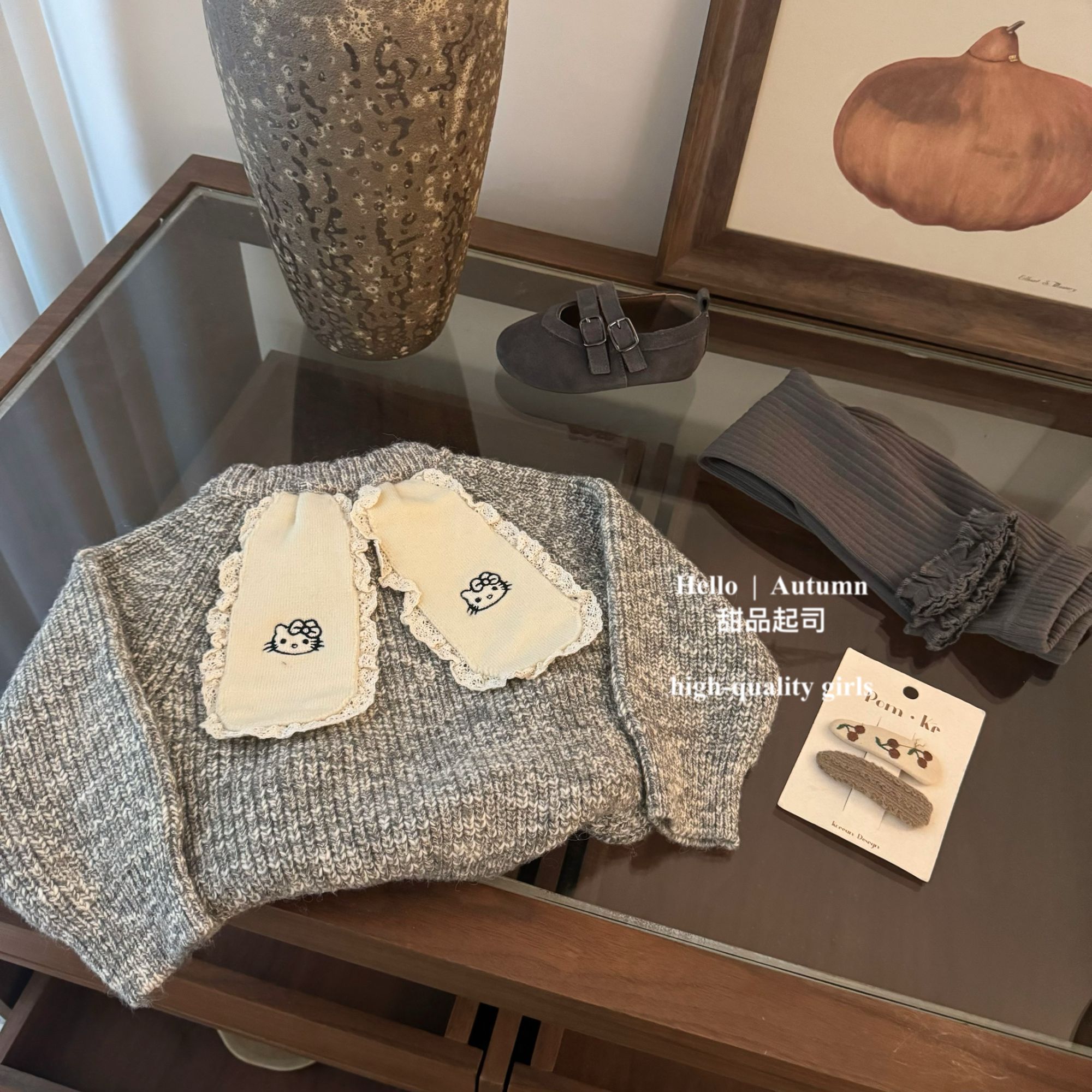 【甜品起司】原创！女宝宝可爱立体耳朵KT毛衣开衫花边裤洋气套装